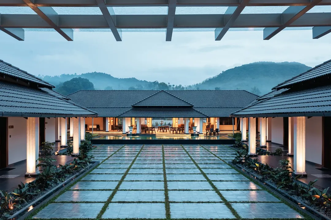 Evening courtyard of Kohu Honeyvale resort, Chikkamagaluru